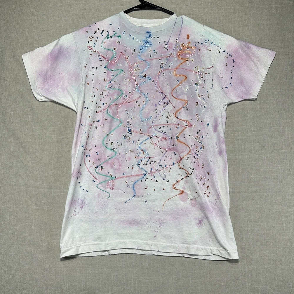 Vintage Fruit of the Loom Tie Dye Glitter White T Shirt Womens XL Single Stitch